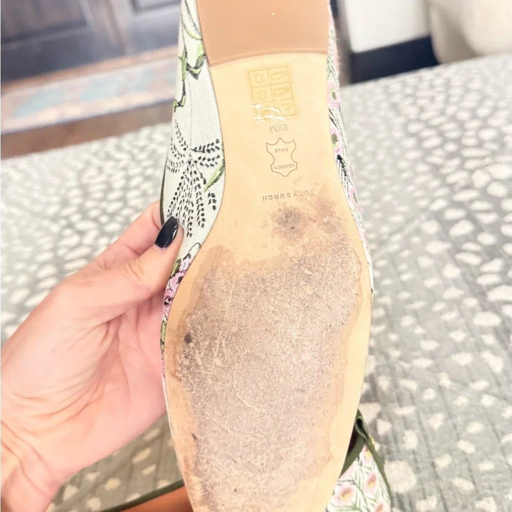 Tory Burch Floral Canvas Ballet Flats with Green Pom Pom - Picture 11 of 13